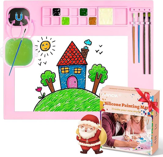 Silicone Painting Mat, Art Mat with Cup, Craft Paint Brush Cleaner Tool, Artist for Kids Gift Clay DIY Creations, Gift Packaged (Pink)
