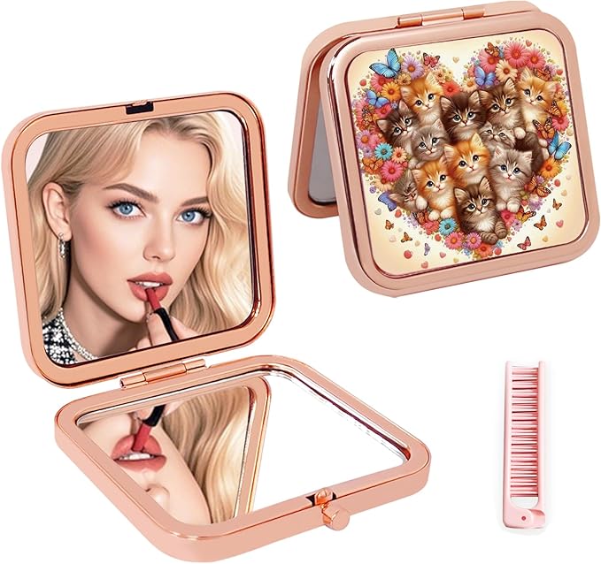 Compact Mirror for Travel, Double Sided 1x/2x Magnifying Portable Pocket Handbag Handheld Foldable Cosmetic Mirror for Women, 2 Pcs，Small Compact Mirror for Purse and Pink Folding Comb