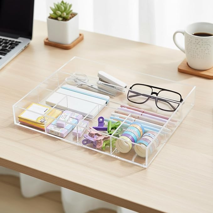 Large Acrylic Desk Deep Drawer Organizer with Adjustable Dividers, Anti-Skip Clear Desk Top Organizer Tray for Pens, Desktop, Office, Bathroom, Kitchen, Makeup Supplies(6 Compartments)