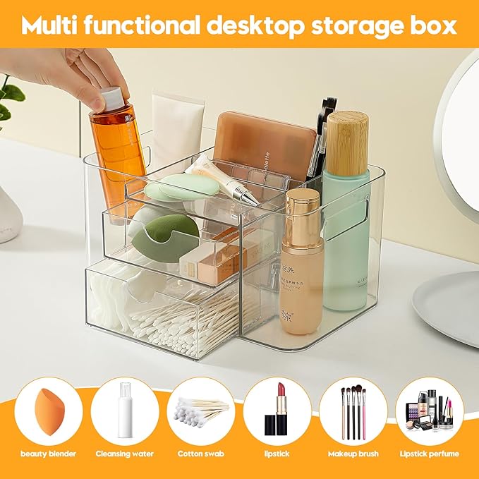 2-Drawer Hair Accessories Organizer, Large Capacity Clear Acrylic Vanity Organizer with 3 Compartments, Hair Brush Holder for Hair Ties, Clips, Scrunchies and Bobby Pins