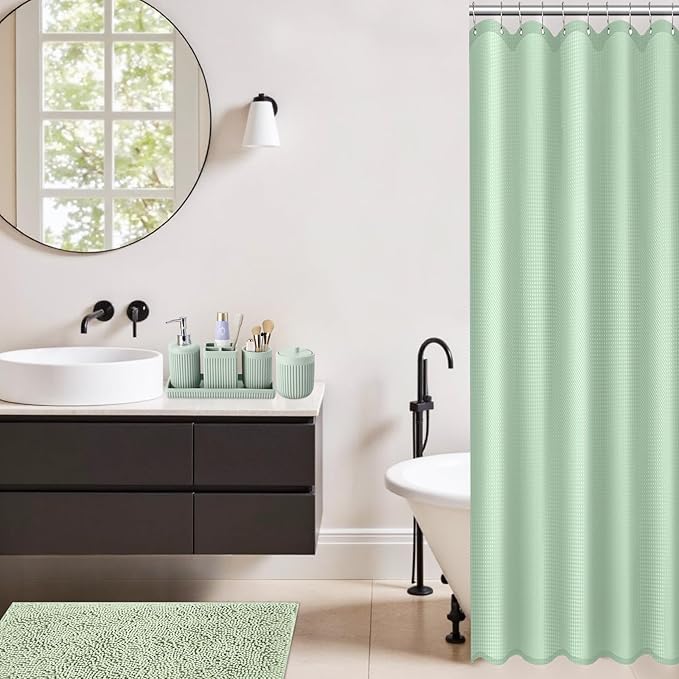 XLHOMO 8-Piece Light Green Bathroom Set - Resin Bathroom Accessories Sets Complete with Shower Curtain and Rugs, Soap Dispenser, Toothbrush Holder, Tumbler & Vanity Organizer