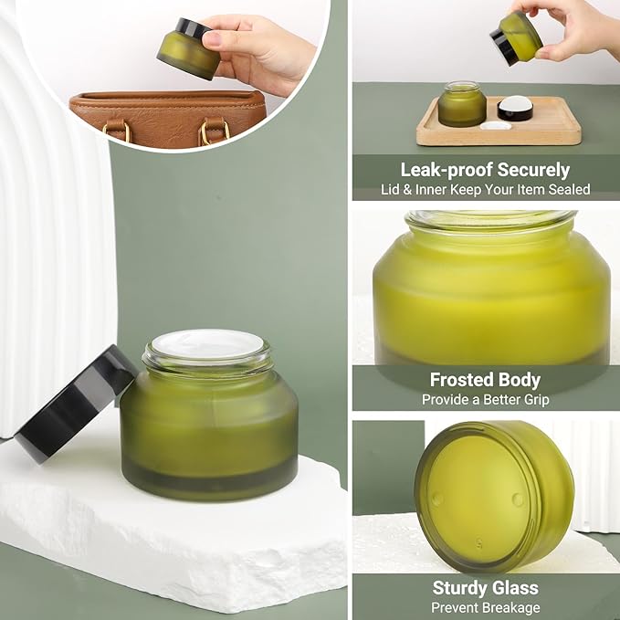 Segbeauty 1.7oz Green Frosted Glass Jar with Lid, Empty Cosmetic Containers Sample Jars Small, Refillable Travel Bottles for Toiletries 4pcs 50ml, Empty Matte Travel Containers with Spatulas