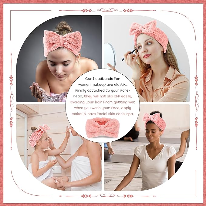Yunlly 20 Pcs Spa Headband for Women 4 Inches Width Facial Makeup Hair Band Bulk Skincare Headbands for Washing Face Bowtie Slumber Party Supplies Fluffy Head Wraps(Pink)