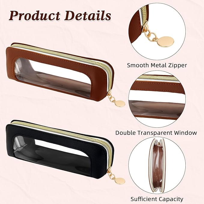 2Pcs Small Makeup Brush Bag Toiletry Bag PU Leather Clear Cosmetic Bags Makeup Bags for Women Portable Waterproof Makeup Brush Holder Slim Cosmetic Pouch Travel Pouch with Zipper (Black& Brown)