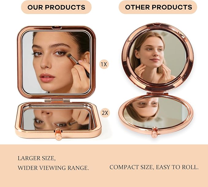 Compact Mirror with Folding Comb, 2-Sided 1X/2X Magnification, Pocket Travel Makeup Mirror for Women Girls, Small Portable Handheld Mirror, Travel Essentials, Gift Box