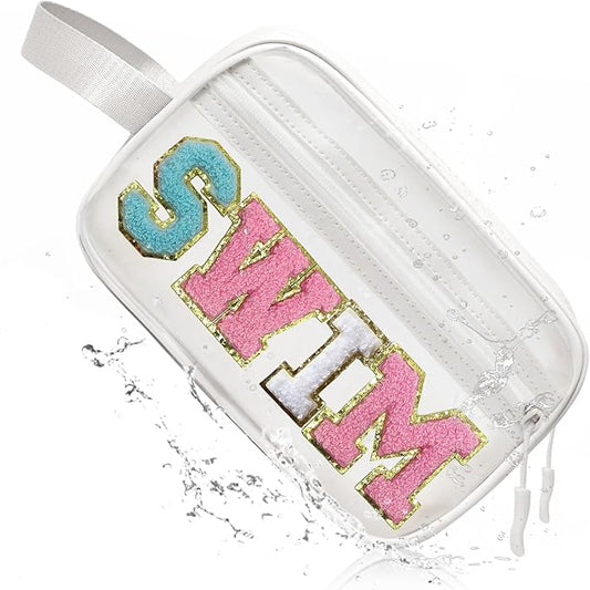 COSHAYSOO Clear SWIM Bag Waterproof Valentines Grab Bag Gifts for Women Teen Girls Swimmer Team Coach, Swimming Pool Accessories Organizer Transparent Makeup Toiletry Bag Beach Travel Cosmetic Pouch