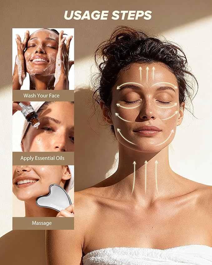 Coralogo Stainless Steel Gua Sha Tools - 4pc Skin Care Tools Set with Gua Sha Oil, Soap, Muscle Scraper for Face Massaging Body Relaxing, Self Care Gift for Her Birthday Valentine's Day