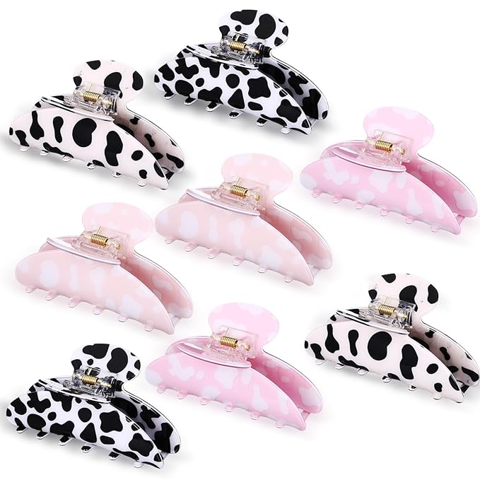 8 Pcs Large Acrylic Hair Claw Clips for Women Non-slip Strong Hold Jaw Clamps for Thick Thin Hair(Glossy,Dairy Cow Color)