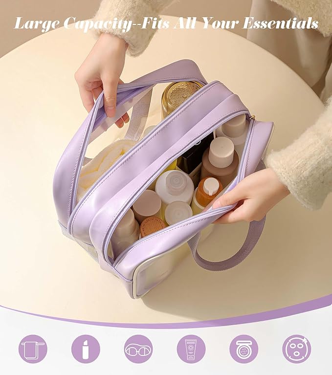 Large Travel Toiletry Bag with Dry Wet Separation– Waterproof Wash Bag for Women, Clear & Matte shower bag for Gym, Overnight, Swimming, and Business Trips