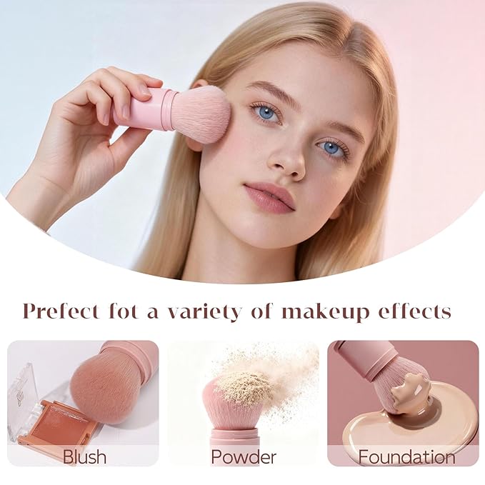 Retractable Makeup Brush, Kabuki Powder brush, Premium Retractable Kabuki Brush, Travel Blush Brush for Bronzer, Setting and Powder Makeup, Essential Tools for Flawless Makeup Application