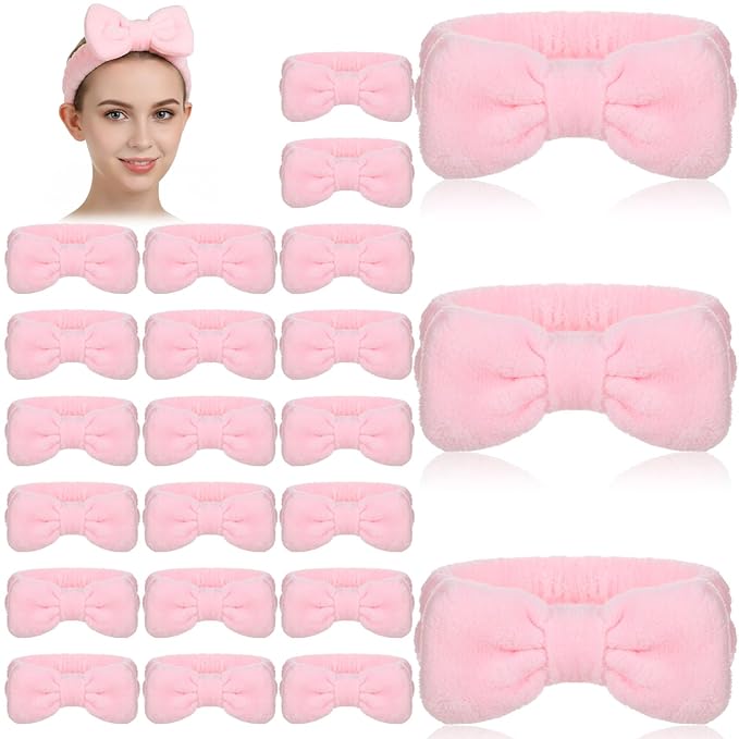 20 PCS Spa Headband, Makeup Headbands for Girls, Non-slip Wide Facial Headband for Washing Face, Spa, Skincare & Sleeping, Soft Flannel Bowtie Design (Pink)