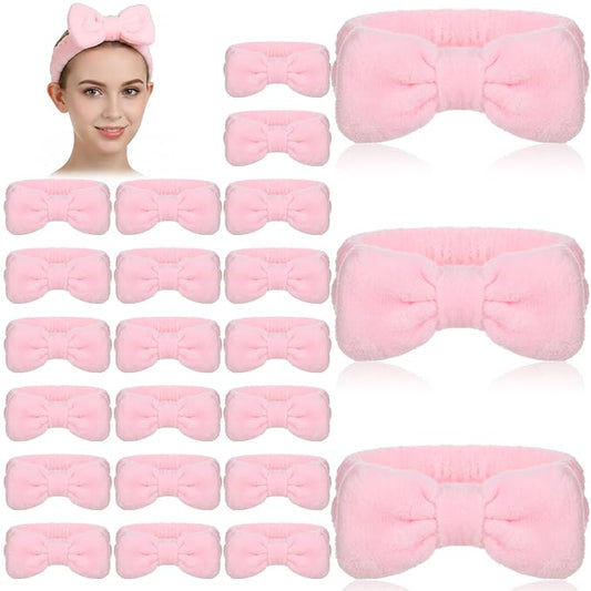 20 PCS Spa Headband, Makeup Headbands for Girls, Non-slip Wide Facial Headband for Washing Face, Spa, Skincare & Sleeping, Soft Flannel Bowtie Design (Pink)