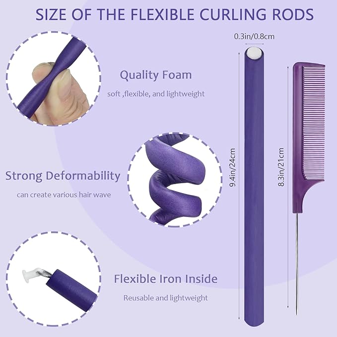 60 Pieces Flexible Curling Rods Twist Foam Flexi Rods No Heat Hair Rods Hair Rollers and Steel Pintail Rat Tail Comb for Long Hair Short Hair Women Girls (9.45 x 0.31, Purple)