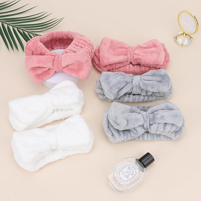 Casoty 6 Pcs Skincare Spa Headband Make Up Headbands, Bow Hair Band, Soft Coral Fleece Facial Headbands for Washing Face, Towel Head Band for Face Washing Shower Skin Care Yoga