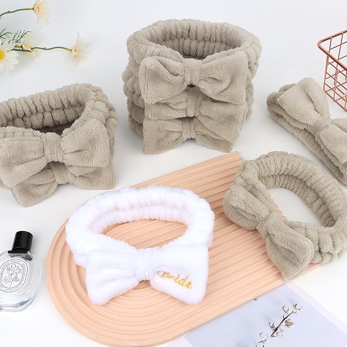 CIEHER Spa Headbands - 8 Pcs Bachelorette Party Favors, Bride & Bridesmaid White & Light Coffee Spa Headbands