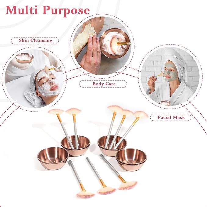 16 Pcs Rose Gold Esthetician Supplies 8 Facial Fan Brushes Esthetician 8 Rose Gold Stainless Steel Mixing Bowls Face Mask Brush Facial Bowls Esthetician for Mud Cream Makeup Spa Salon Women