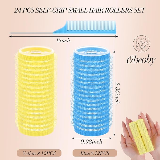 24 Pcs Self-Grip Small Hair Rollers Set, Curlers for Women Short Hair and Bangs, No Heat Hair Curlers to sleep in (25 mm, Blue and Yellow)