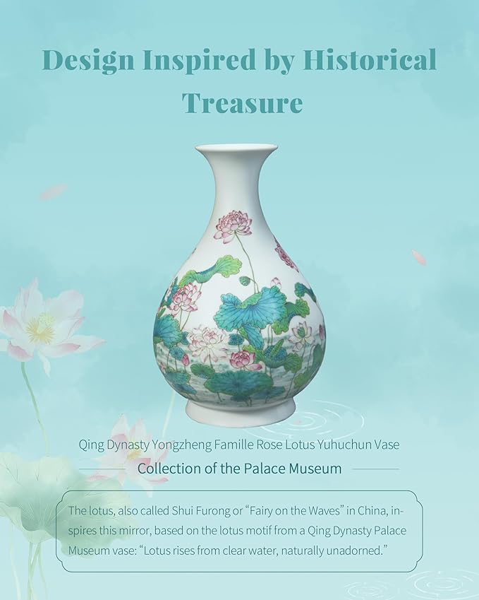Lotus Bloom Compact Mirror, Small 2X Magnifying Makeup Mirror for Purse Pocket, Mini Portable Folding Blue Mirror, Chinese Style Gift for Women Girls