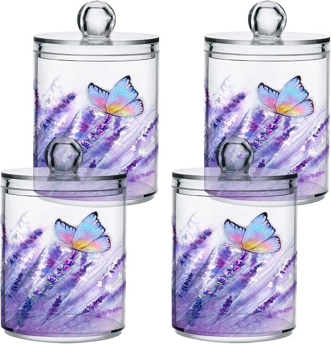 4 Pack Qtip Holder Dispenser Lavender Butterfly Purple Bathroom Storage Canister Lid Acrylic Plastic Apothecary Jar Set Vanity Makeup Organizer for Cotton Swab/Ball/Pad/Floss