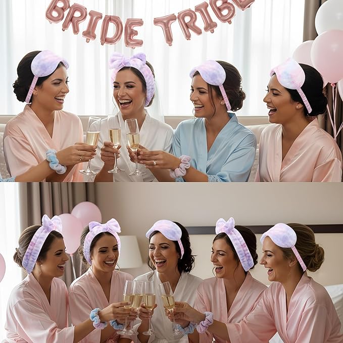 Hoteam 10 Pcs Galentine Spa Party Supplies Valentine Gift Set Sleepover Party Favor Spa Headband Wristband Sleep Eye Mask Velvet Scrunchies for Skin Care Makeup Slumber Night Favor(Tie Dye)