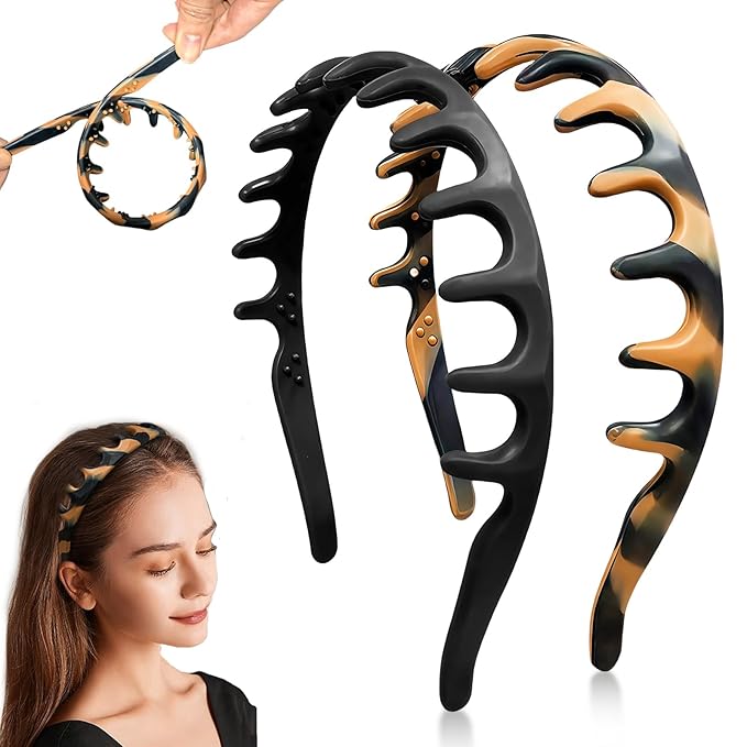 Silicone Headbands for Women Non Slip Comb Headband with Teeth Non-Crackable Hair bands for Women's Hair Fashion Accessories (Black&Amber 2PC, 1 Count (Pack of 2))