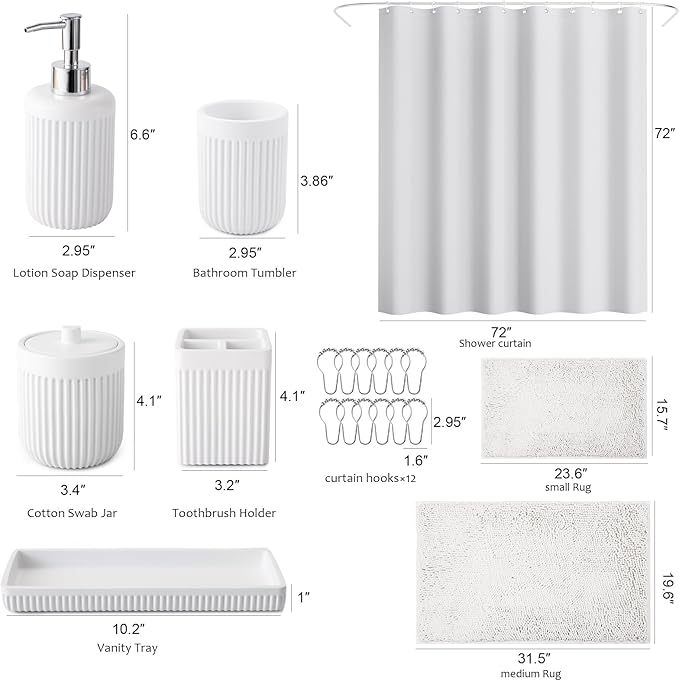 XLHOMO 8-Piece White Bathroom Set - Resin Bathroom Accessories Sets Complete with Shower Curtain and Rugs, Soap Dispenser, Toothbrush Holder, Cup, Tray & Cotton Swab Jars