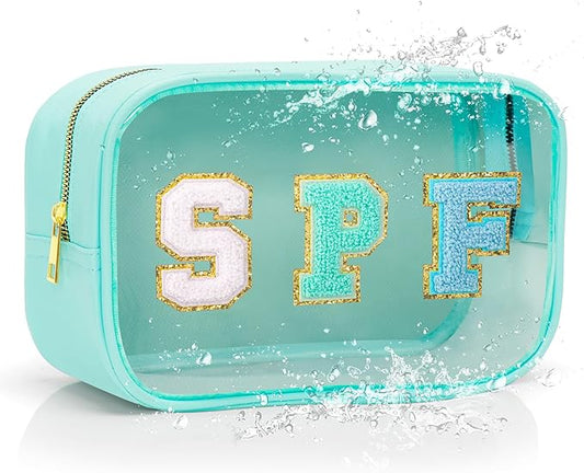 Clear Waterproof Makeup Bag, Cute Sunscreen Bag Pouch with Letter Patches, Travel Beach Pool Bag,Personalized Travel Toiletry Cosmetic Bags Gifts For Girl Women Mom Teacher Nurse (Blue-SPF)