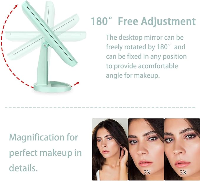 Flymiro Tri-fold Lighted Vanity Makeup Mirror with 3x/2x Magnification,21 LEDs Light and Touch Screen,180 Degree Free Rotation Countertop Cosmetic Mirror,Travel (Green)