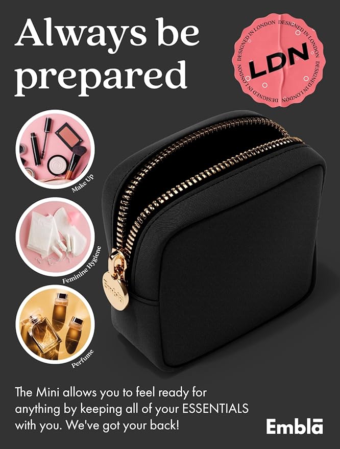 Embla Makeup Bag Travel Cosmetics Pouch and Toiletry Bag, Nylon Zipper Pouch Purse, Cute Make Up Organizer Storage Tote for Women Girls, Waterproof Travel Skincare Case, Small Makeup Bags, Black