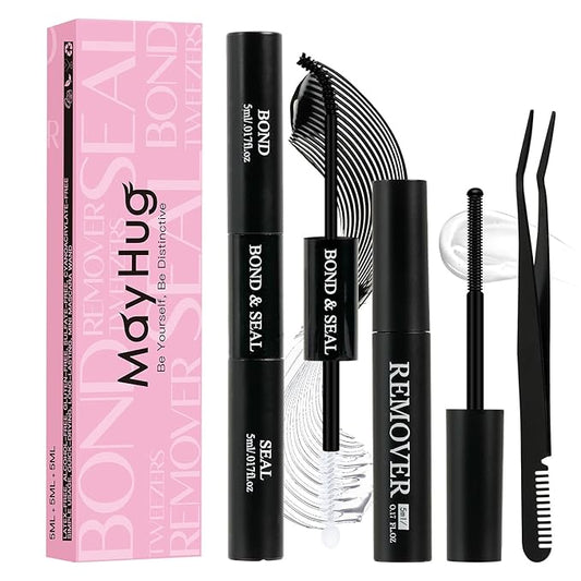 Mayhug Lash Bond and Seal with Lash Glue Remover and Tweezers for Lash Extension Clusters Fast Removal, Waterproof Eyeash Glue Lash Extension Remover Lash Applicator Tools for Beginners