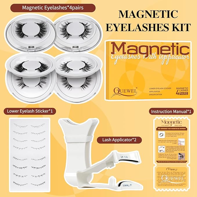 QUEWEL Magnetic Eyelashes 4 Pair Reusable Magnetic Eyelashes with Applicator No Glue Needed Eyelashes Natural Look Lash Clusters Kit Easy to Wear and Remove(4 Pairs-B14)