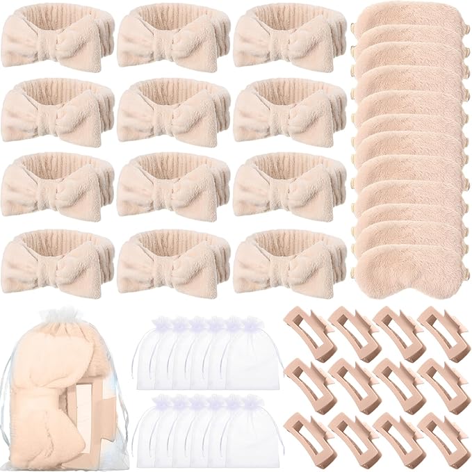 48 Pcs Galentine Spa Party Supplies Sleepover Essentials 12 Spa Headband 12 Plush Eye Mask 12 Claw Clips 12 Organza Bag for Adult Slumber Party Supplies Valentine Gift(Khaki)