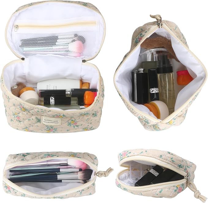 VIWIME Makeup Cosmetic Bag, Large Cotton Quilted Travel Coquette Aesthetic Cute Floral Make up Bag for Women Toiletry Bag Organizer (205- Yellow Red Rose / 4Pcs)