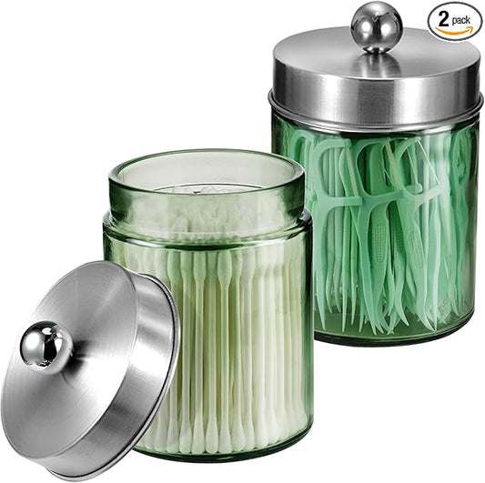 Amolliar Sage Green Qtip Holder, Glass Apothecary Jar Metal Lid & Sticker, Bathroom Qtip Dispenser Storage Canister, Perfect for Cotton Balls, Swabs, Round Pads, Bath Salt, Floss,Brushed Nickel 2 Pack