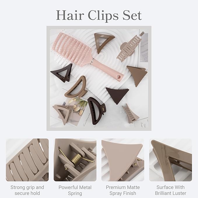 COZYISLE Neutral Tones Hair Accessories Set - 9 Medium Hair Clips (Arched & Triangle), 1 Hair Brush | Non-Slip Hair Clips for Thin Hair (Soft Pink, Beige, Brown)