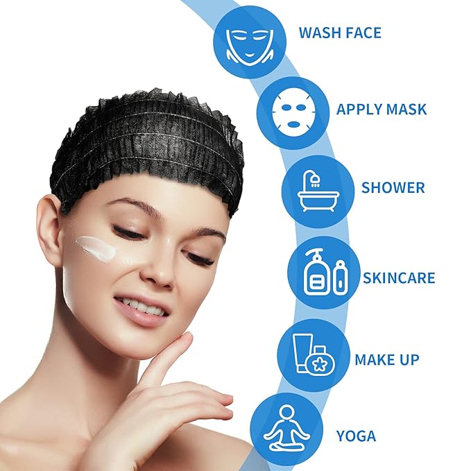 Waydress 100 Pieces Disposable Headbands Soft Non Woven Facial Spa Headbands Cloth Stretch Skin Care Hair Band Salon Makeup Sauna Supplies Individually Packaged for Women Girls, Black