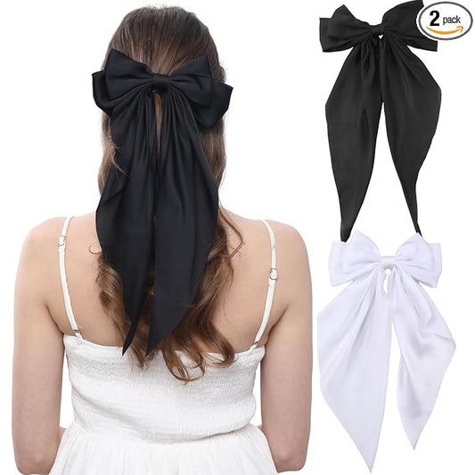 2PCS Big Hair Bow Clips for Women Girls – Black & White Ribbon Bow Barrettes with Long Tails, Large Satin Hair Accessories for Ponytail, Party, Wedding, Daily Styling