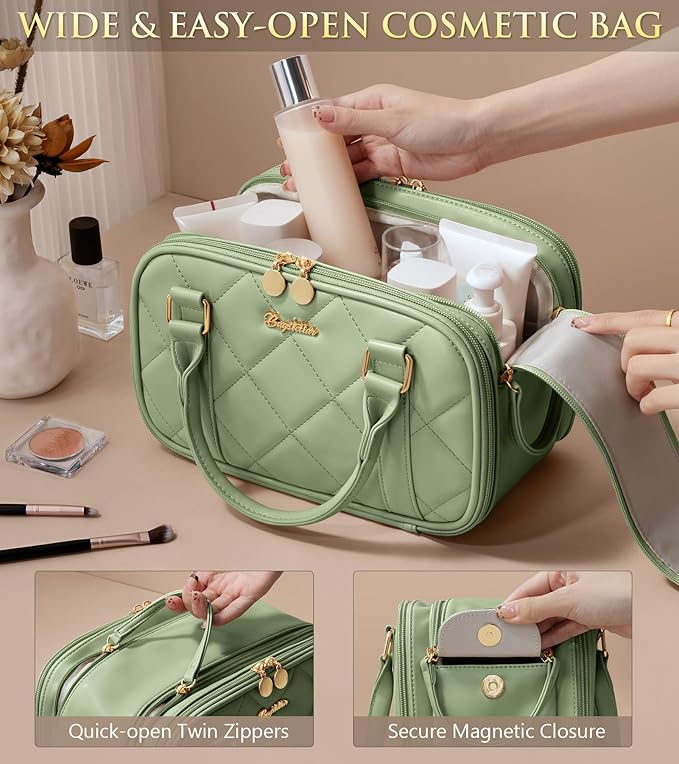 Travel Makeup Bag, Large Capacity Quilted Toiletry Bag for Women Stand-up Cosmetic Bag Open Flat Make Up Case Organizer Portable Pouch Purse w/Handle for Traveling Accessories, Sage Green