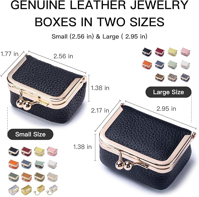 Genuine Leather Mini Jewelry Box - Vintage-Inspired Small Travel Jewelry Case with Kiss Lock | Compact Ring Box for Women | Holds Earrings, Rings, Necklaces, Bracelets (New Blue S 2.56in)