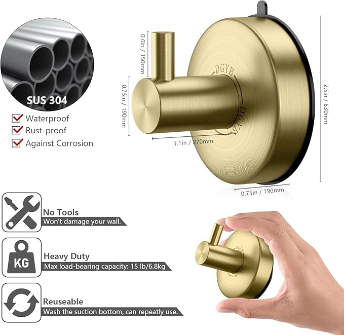 DGYB Suction Cup Hooks for Shower Set of 4 Gold Towel Hooks for Bathrooms SUS 304 Stainless Steel Shower Hooks for Loofah 15 Lb Bathroom Hooks for Towels