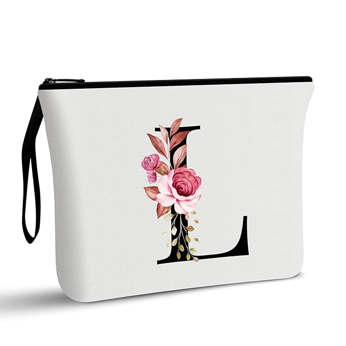 Vavabox A-Z Personalized Makeup Bag, Birthday Gifts for Women Mom, Gifts for Best Friend, Bride Bridesmaid Cosmetic bag (L, White)