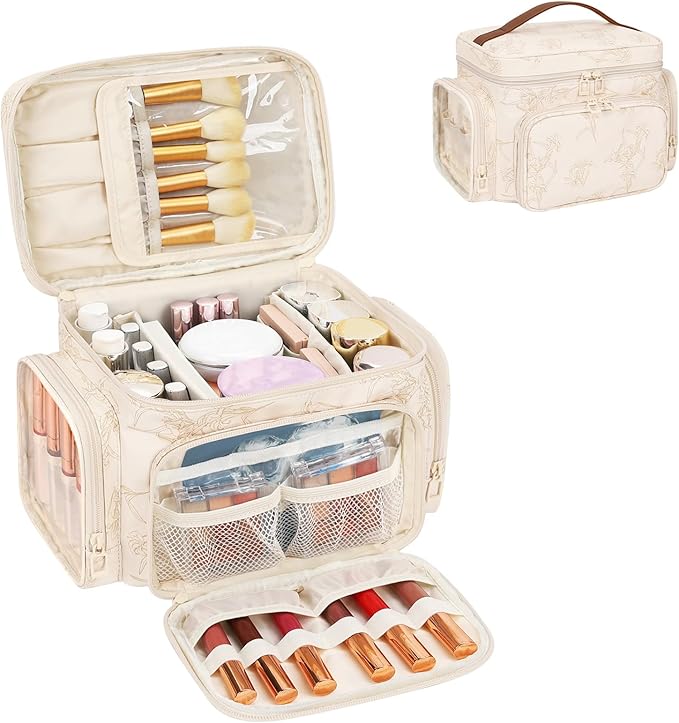 Large Makeup Bag, Portable Travel Makeup Bag Organizer for Women Girls with Makeup Brush Compartment & Two Side Pockets, Cosmetic Travel Bag Vertical Storage Toiletry - Beige