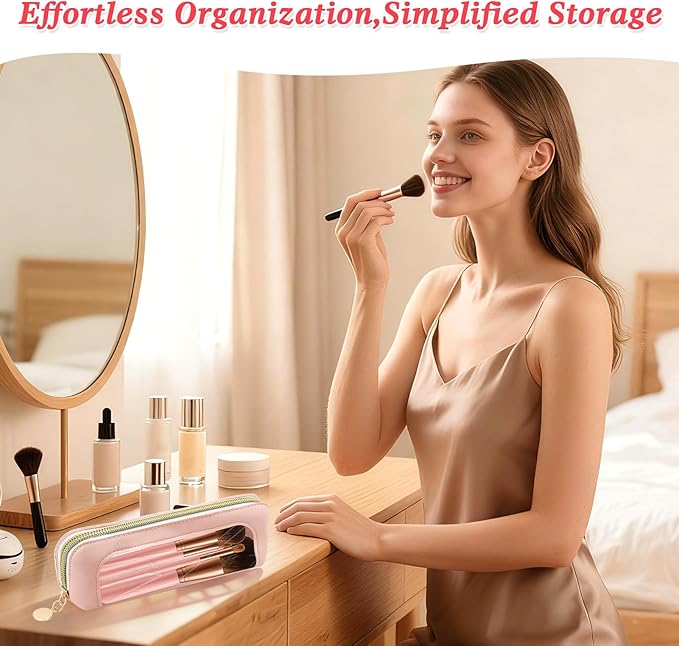 2Pcs Clear Makeup Brush Bag Makeup Bag PU Leather Small Cosmetic Bags Toiletry Bags for Women Portable Waterproof Brush Holder Slim Cosmetic Pouch Travel Pouch with Zipper (Pink&White)