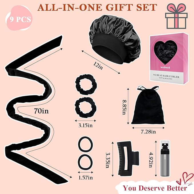 weiwei Heatless Overnight Curling Headband, 70" Non-Heat Hair Wave Wrap with 9 Soft Rollers for Long Hair (Black)