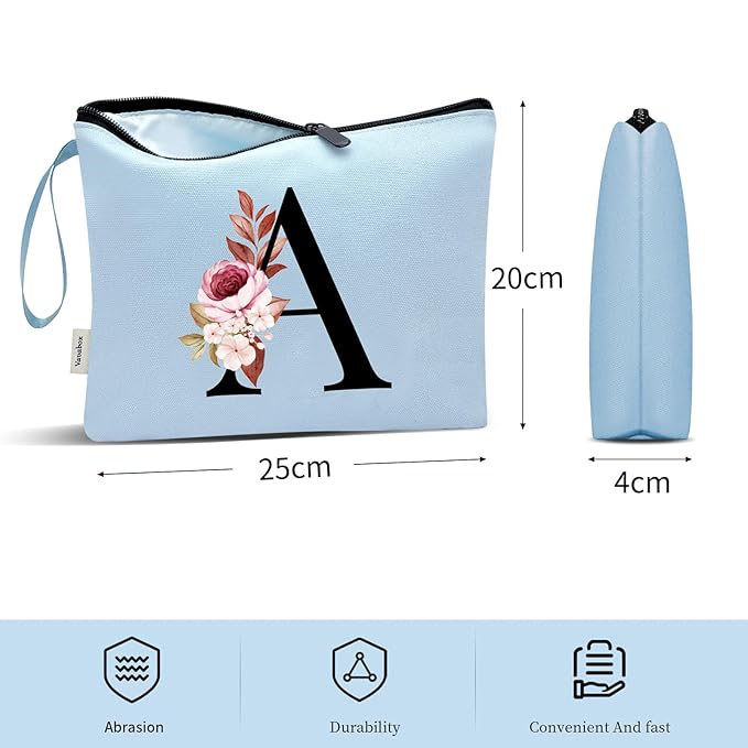 Vavabox A-Z Personalized Makeup Bag, Birthday Gifts for Women Mom, Gifts for Best Friend, Bride Bridesmaid Cosmetic bag (A, Blue)