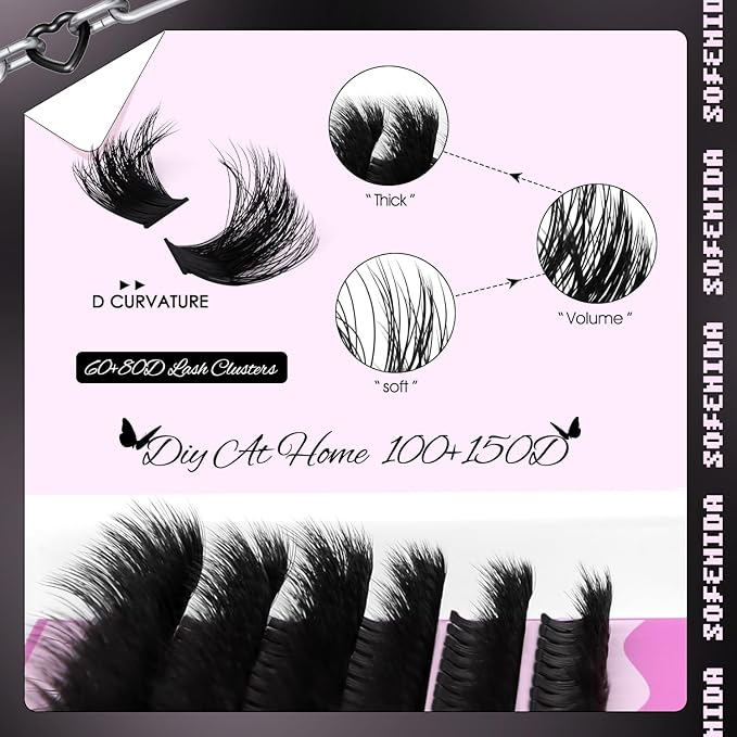 SOFENIDA Lash Clusters Kit Eyelash Clusters 100D+150D Thick Volume Cluster Eyelash Extensions D Curvature Cluster Lashes 10-18mm Wispy DIY Lash Extension Kit(100D+150D-10-18MIX Thick Kit)