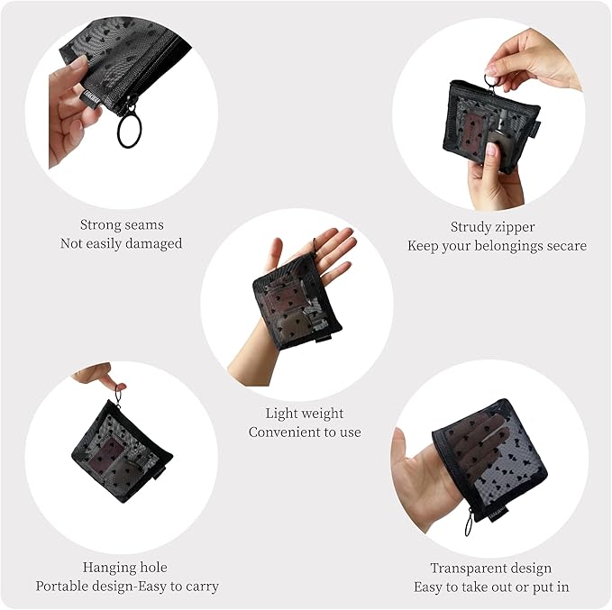 Mini Heart Makeup Bag Set, Zipper Mesh Cosmetic Bags for Women, Lipstick Cosmetic Organizer Bag, Travel Pouch (Black-6pcs)