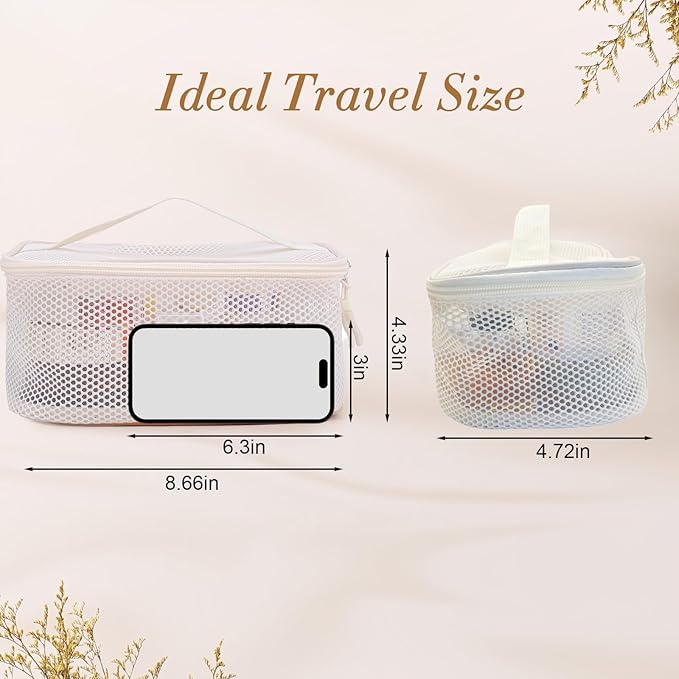 Mesh Makeup Bag, Breathable Cosmetic Bags with Zipper, Travel Lightweight Make Up Organizer Mesh, Toiletry Bag with Handle for Women Girls Gift, White