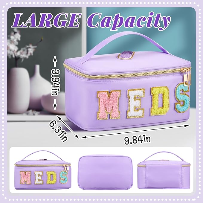 Geetery Clear Makeup Bag Chenille Letter Meds Bag Travel Cases Preppy Patch with Zipper, Portable Cosmetic Toiletry Storage case for Women(Meds,Purple)