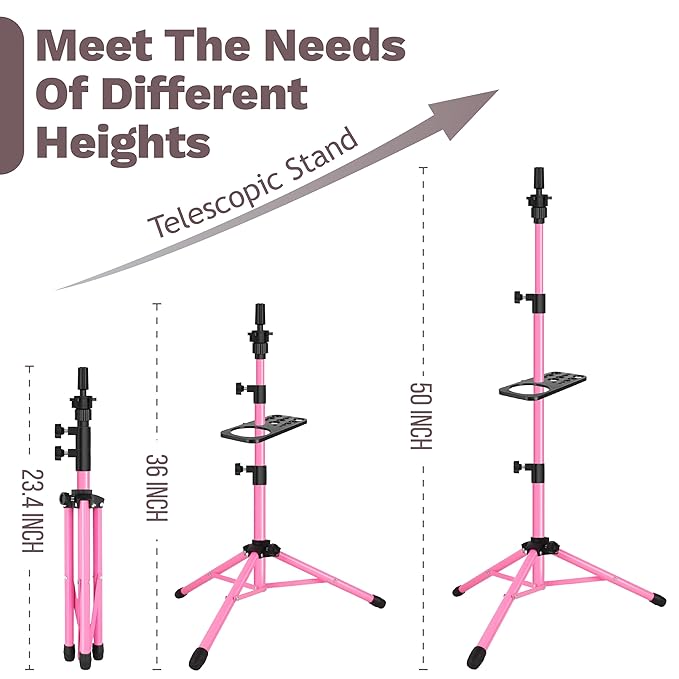Wig Stand Tripod 50 Inch Metal Wig Mannequin Head Tripod Stand For Hairdressing Training Head Adjustable Wig Tripod Stand with Tool Tray (Pink, Mannequin Head Not Included)